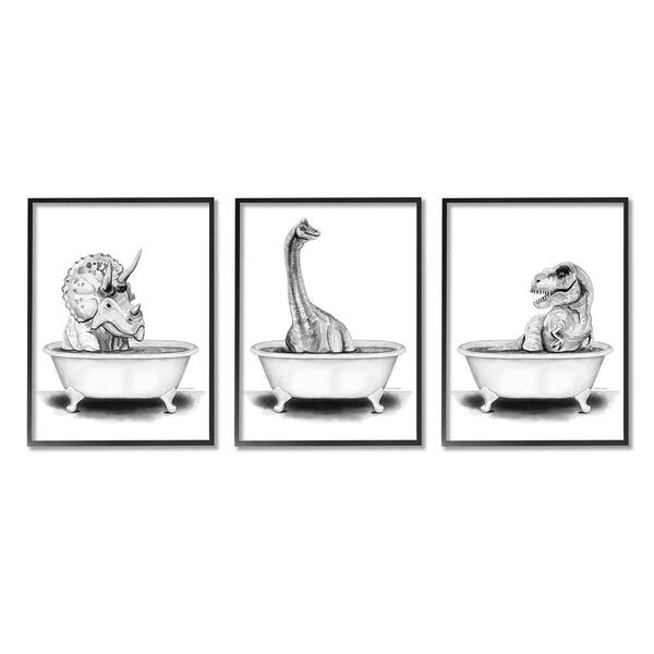 Dinosaurs Bathing Bathroom Tub by Rachel Nieman 3-Piece Black Framed Animal Giclee Art Print 20 in. x 16 in.