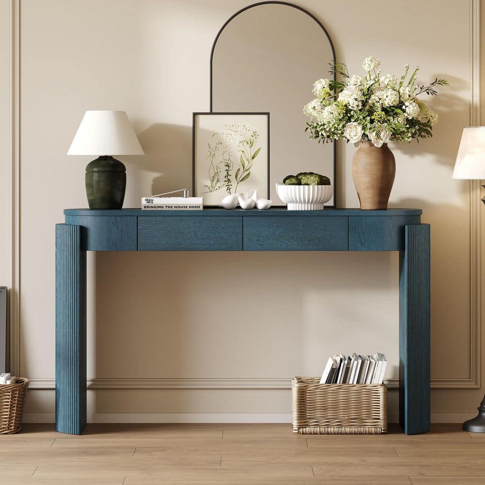 55.1 in. W x 13.8 in. D x 32.5 in. H Navy Blue Linen Cabinet Console Table with Oval Top and 2-Drawers price history on PriceWatchPro