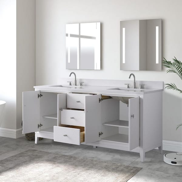 72 in. W Double Sink Freestanding White Bath Vanity Cabinet with Ariston White Engineered Marble Top