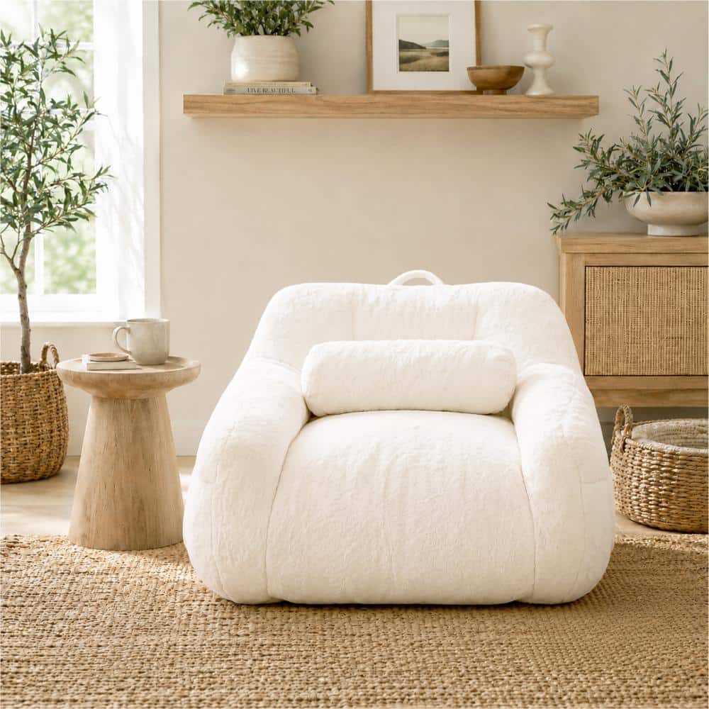 Faux Fur Bean Bag Chair with Memory Foam,Boneless Floor Chair for Adults and Kids,Casual Reading Chair in Beige