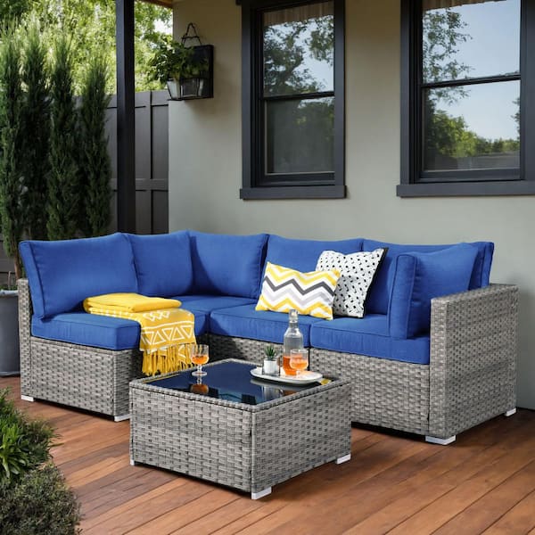 Regale 5-Piece Wicker Outdoor Sectional Set with Navy Blue Cushions