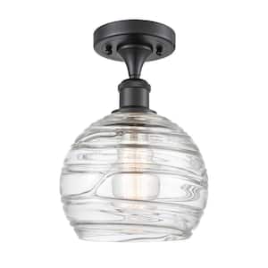 Athens Deco Swirl 8 in. 1-Light Matte Black Semi-Flush Mount with Clear Deco Swirl Glass Shade