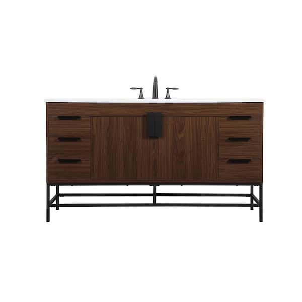 Unbranded Simply Living 60 in. W x 22 in. D x 33.5 in. H Bath Vanity in Walnut with Ivory White Engineered Marble Top
