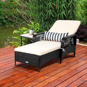 Black Wicker Outdoor Chaise Lounge Patio Reclining Chair with 6-Positions Adjustable Backrest and White Cushion