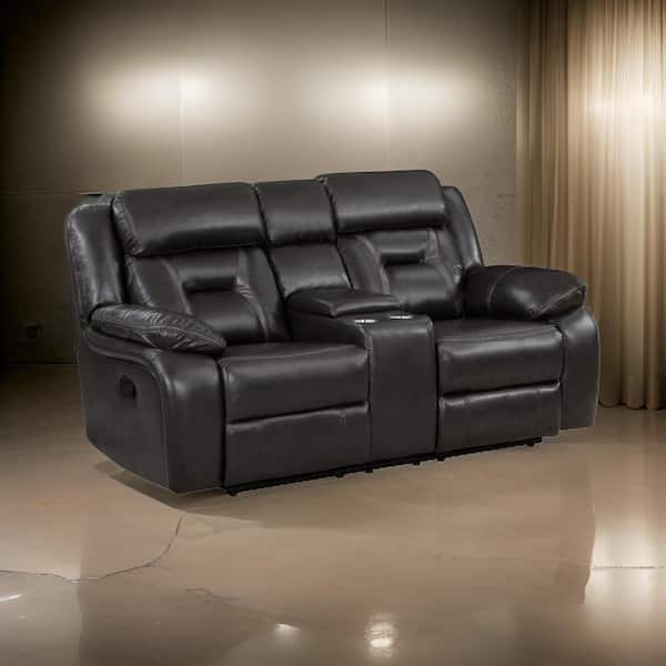Benjara 76 in. Pillow Top Arm Faux Leather Rectangle Recliner Loveseat Sofa in Gray and Black