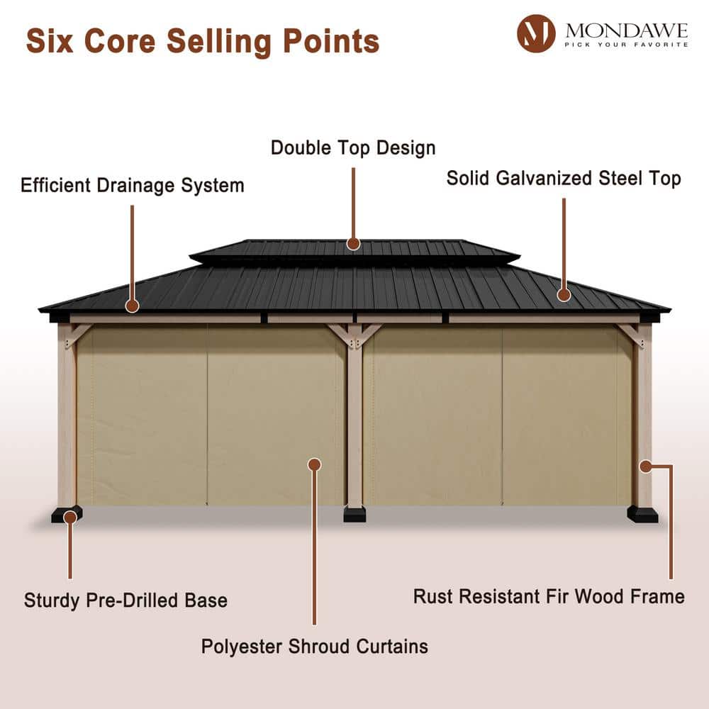 Beverly Hills 20-ft x 12-ft Cedar Wood and Black Steel Patio Gazebo