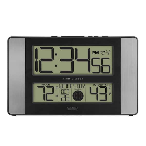 La Crosse Technology 11 in. x 7 in. Atomic Digital Clock with Temperature and Moon Phase in Aluminum