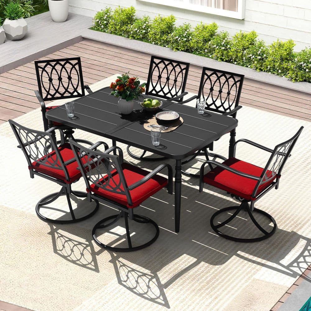 Black 7-Piece Metal Rectangle Outdoor Dining Set with Red Cushions and Umbrella Hole price history on PriceWatchPro