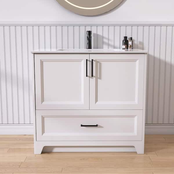 36 in. W x 22 in. D x 34 in. H Freestanding White Bath Vanity and Solid Surface Top with Basin Solid Wood Bath Cabinet