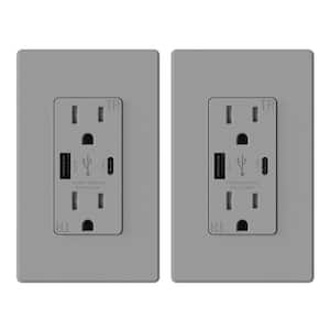 25-Watt 15 Amp Type C and Type A USB Duplex Outlet Smart Chip High Speed Charging Wall Plate Included, Gray (2-Pack)