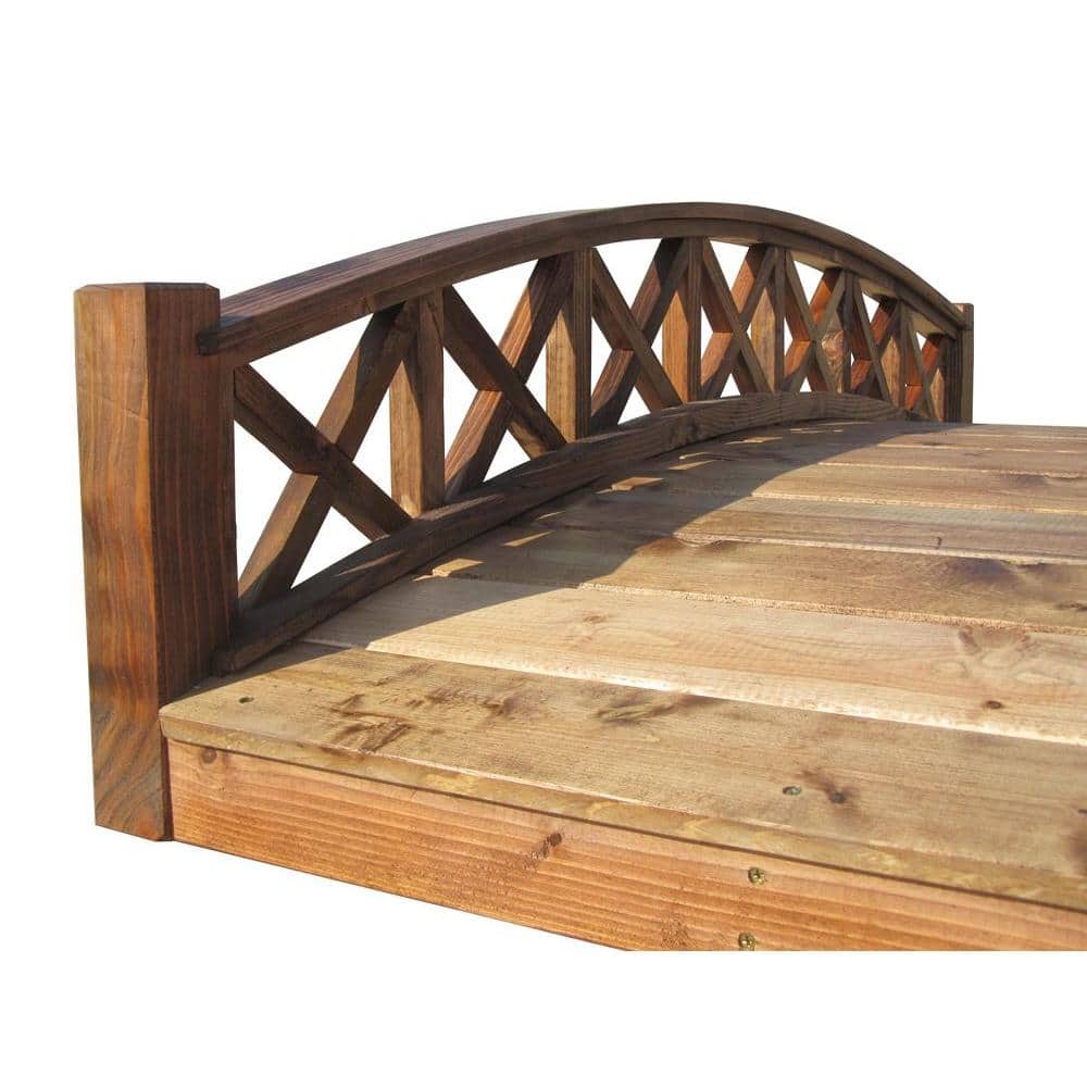 72" Brown Wood Garden Bridge with Cross Halved Lattice Railing