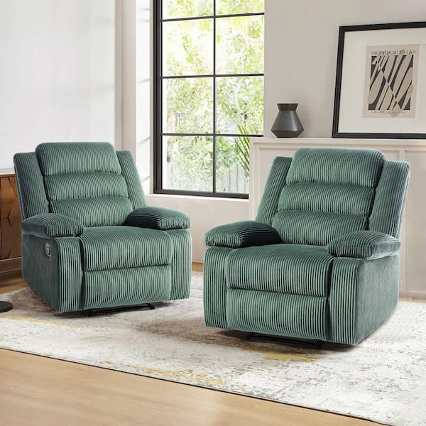 Modern Gray Green Corduroy Fabric Upholstered Recliner Chair with Adjustable Backrest and Footrests (Set of 2)