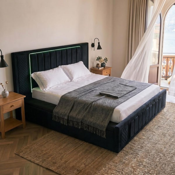 Homsee Black Wood Frame Queen Platform Bed with Panel Bed, Kids Bed ...
