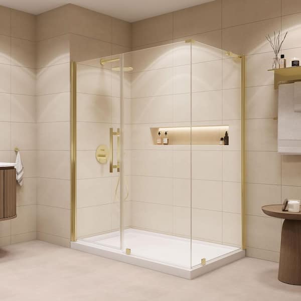 OVE Decors Pasadena 60 in. L x 36 in. W x 72.01 in. H Corner Shower Kit with Pivot Frameless Door in Brushed Gold and Shower Pan