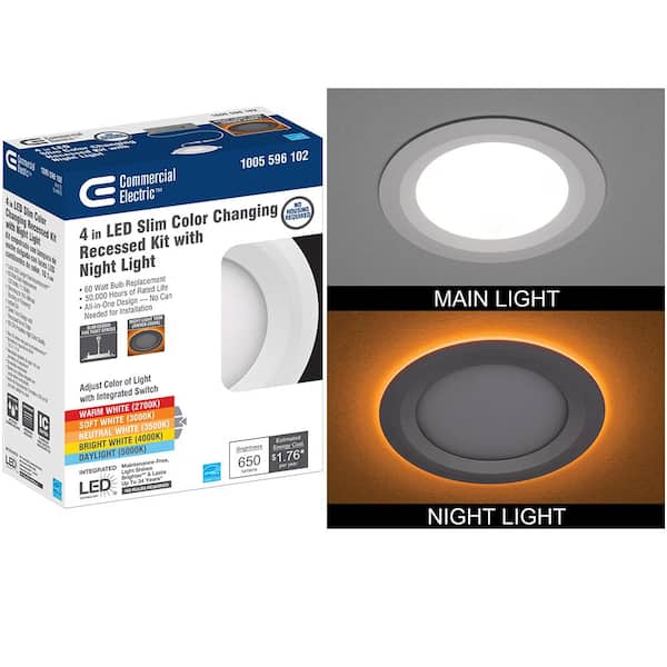 Commercial Electric 4 in. Canless Adjustable CCT Integrated LED Recessed Light Trim with Night Light 650 Lumens New Construction Remodel