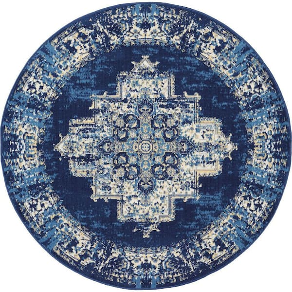 Nourison Grafix Navy Blue 4 ft. x 4 ft. Persian Medallion Transitional Round Rug
