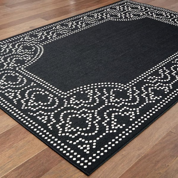 Black, Ivory 5 ft. x 8 ft. Loomed Border Polypropylene Rectangle Indoor/Outdoor Area Rug