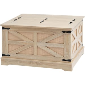 Rattan Coffee Table, Rectangle PE Rattan Woven Wood Coffee Table with MDF Top, 32-In. Modern Boho Style Storage Table