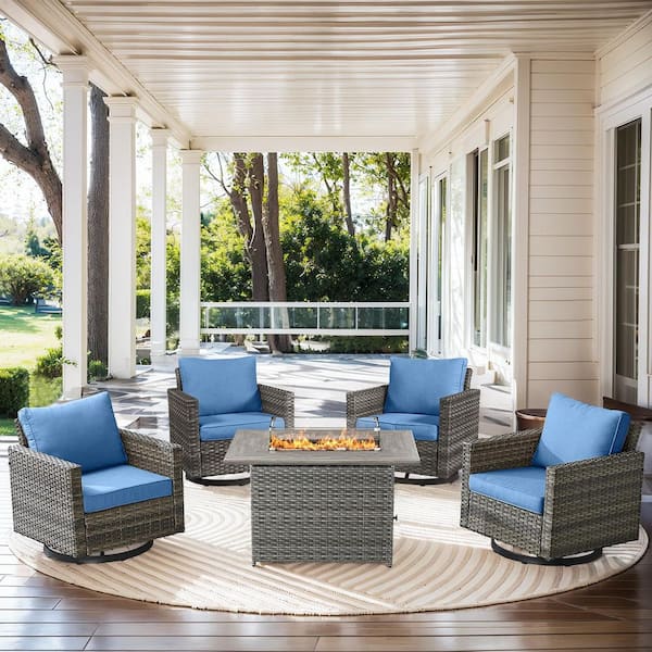 moosprr U-Frame 5-Piece Gray Wicker Fire Pit Conversation Set with Olefin Blue Cushions and Swivel Glider Chairs/Couch