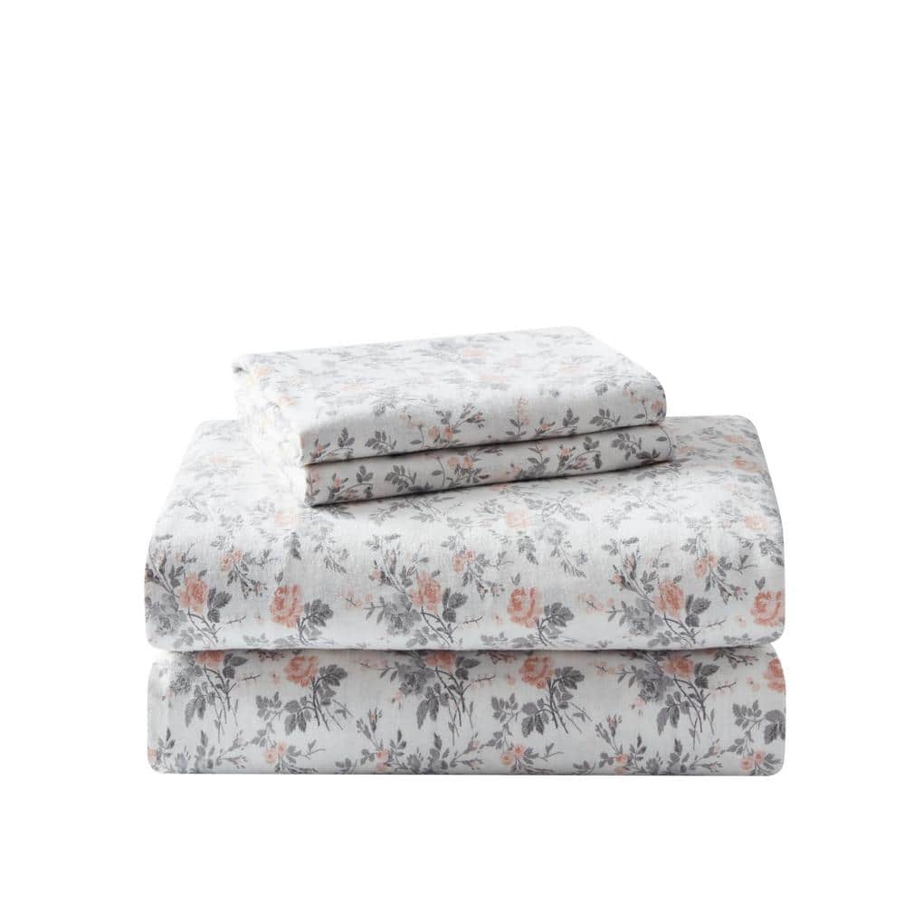 Rosalie Twin Cotton Flannel Gray Floral Sheet Set