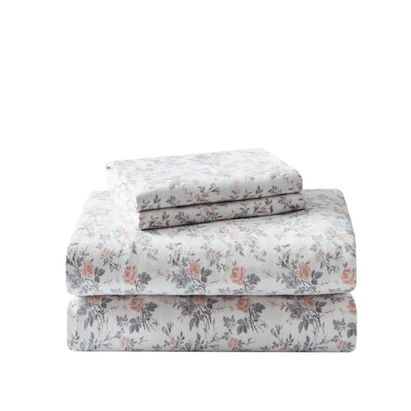 Laura Ashley Rosalie 3-Piece Light Pastel Gray Floral Flannel Twin Sheet Set