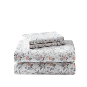 Rosalie 4-Piece Light Pastel Gray Floral Flannel King Sheet Set