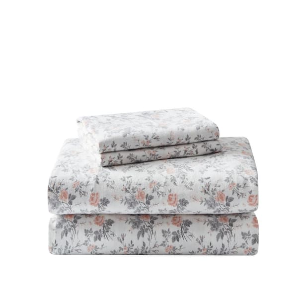 Laura Ashley Rosalie 4-Piece Light Pastel Gray Floral Flannel King Sheet Set