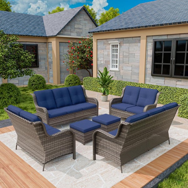 MeetLeisure Patio Furniture Set 6 Pieces Outdoor Wicker Sectional Sofa with Blue Cushions