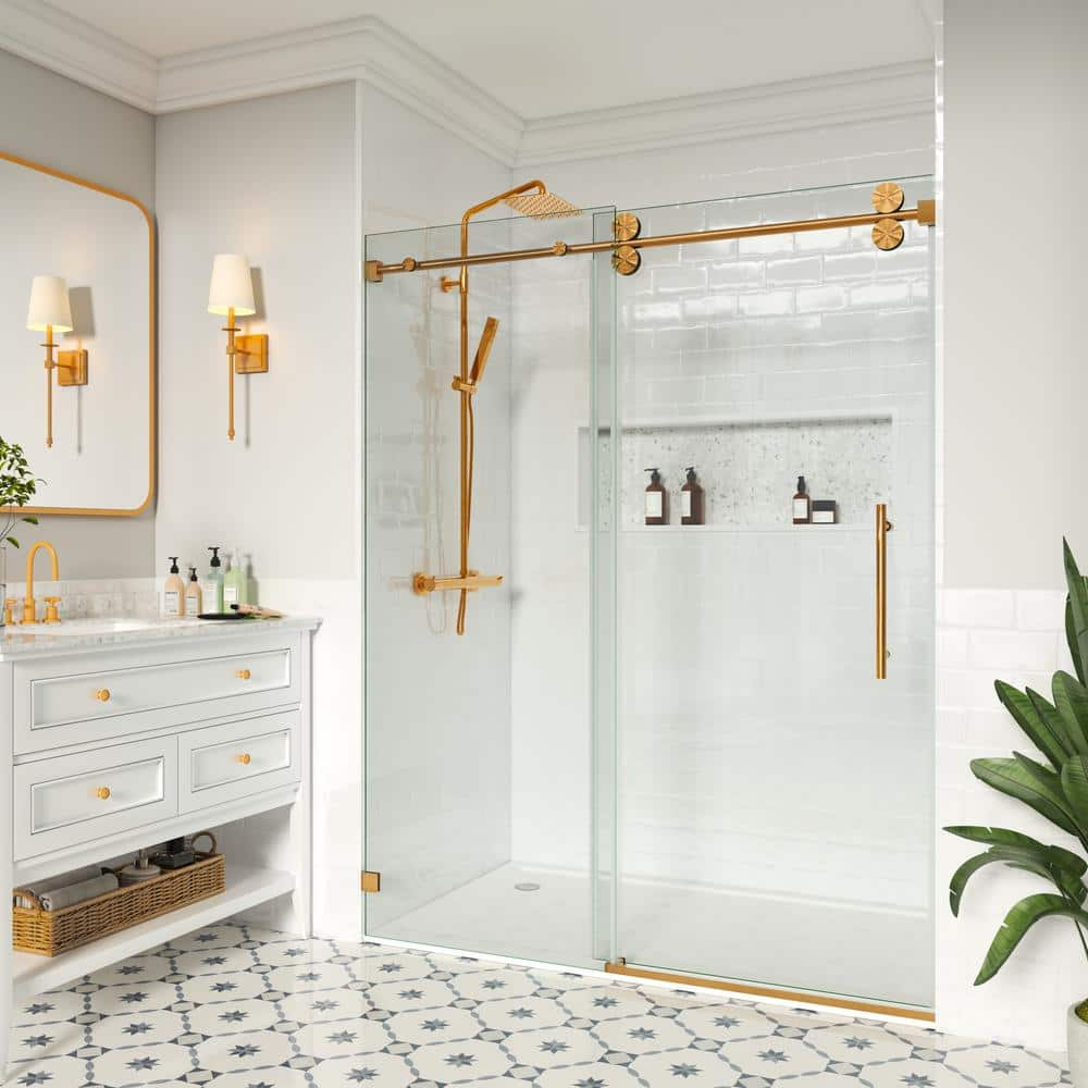 YINVANI 60 in. W x 72 in. H Single Sliding Frameless Shower Door in Brushed Gold with Easy-Clean 3/8 in. Glass