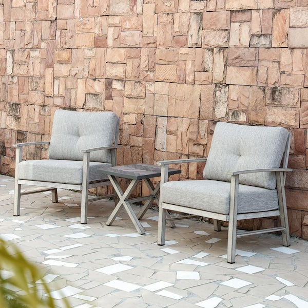 Grey Vintage 3-Piece Aluminum Outdoor Patio Sectional Conversation Sofa Set with Resin Top Sidetable and Grey Cushions