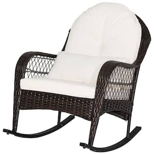Wicker Outdoor Rocking Chair with White Seat Back Cushions and Lumbar Pillow Balcony Patio
