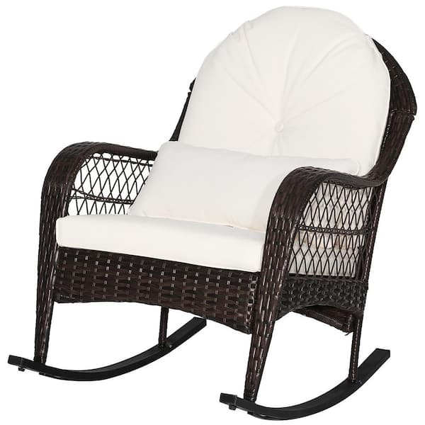 Gymax Wicker Outdoor Rocking Chair with White Seat Back Cushions and Lumbar Pillow Balcony Patio