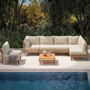 Brown 7-Piece Wicker Patio Conversation Set with Beige Cushions and Coffee Table