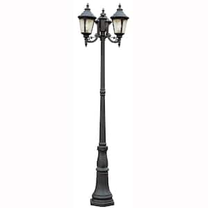 Commons 7 ft. 3-Light Black Metal Outdoor Weather Resistant Lamp Post Light Fixture Set with Seeded Glass