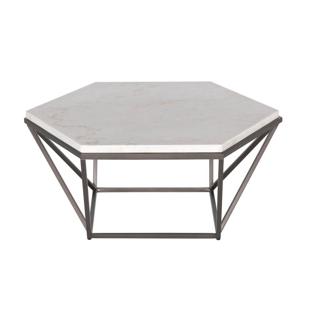 Transitional Hexagonal Lift-Top Coffee Table in Brown/White Marble