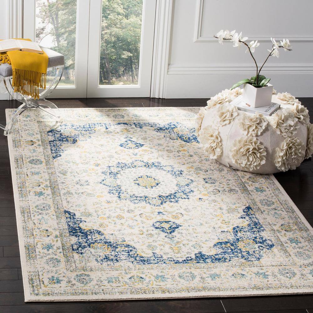 Ivory and Blue Rectangular Synthetic Easy Care Accent Rug