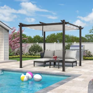 10 ft. x 10 ft. Gray Aluminum Frame Pergola with White Retractable Sun Shade Canopy and Extra Top Roof