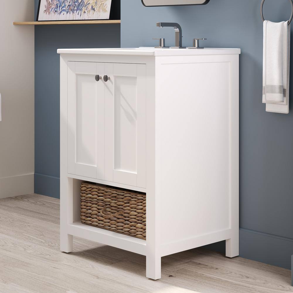 24" White Freestanding Bathroom Vanity with Ceramic Top and Woven Basket