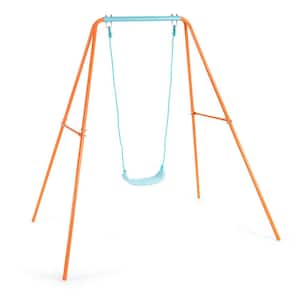 Orange Metal Outdoor Kids Swing Set Heavy-Duty A-Frame with Ground Stakes
