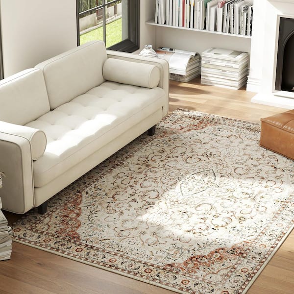 Non-Slip Classical Floor Cover Foldable Carpet 5 ft. x 7 ft. Mixed Brown Floral Washable Area Runner Rug