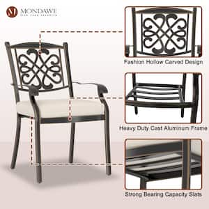 7-Piece Cast Aluminum Outdoor Dining Set with Rectangle Table Flower-Shaped Backrest Swivel/Dining Chair & Beige Cushion