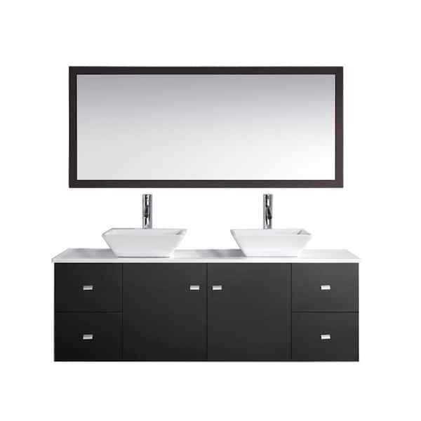 Virtu USA Clarissa 60 in. W Bath Vanity in Espresso with Stone Vanity Top in White with Square Basin and Mirror