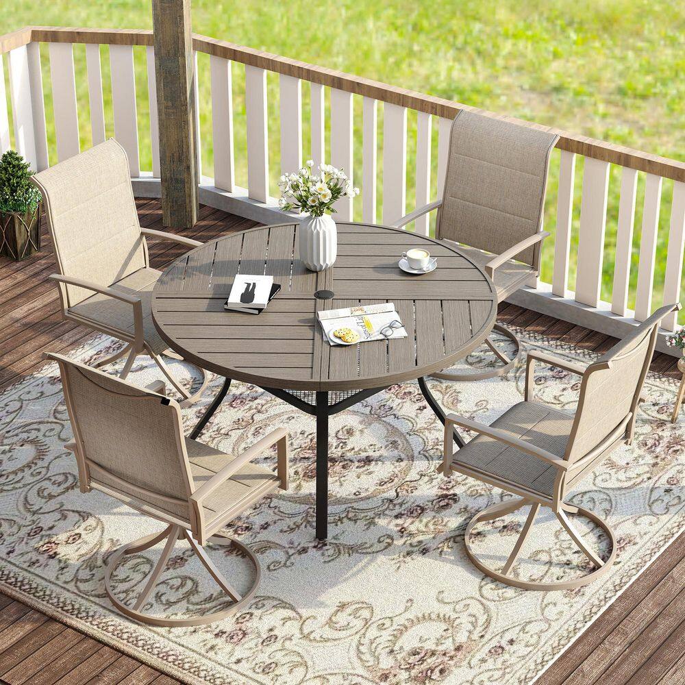 5-Piece Metal Outdoor Dining Set with Gray Wood-Like Round Table and 4 Sandshell Swivel Dining Chairs for 4 Person price history on PriceWatchPro