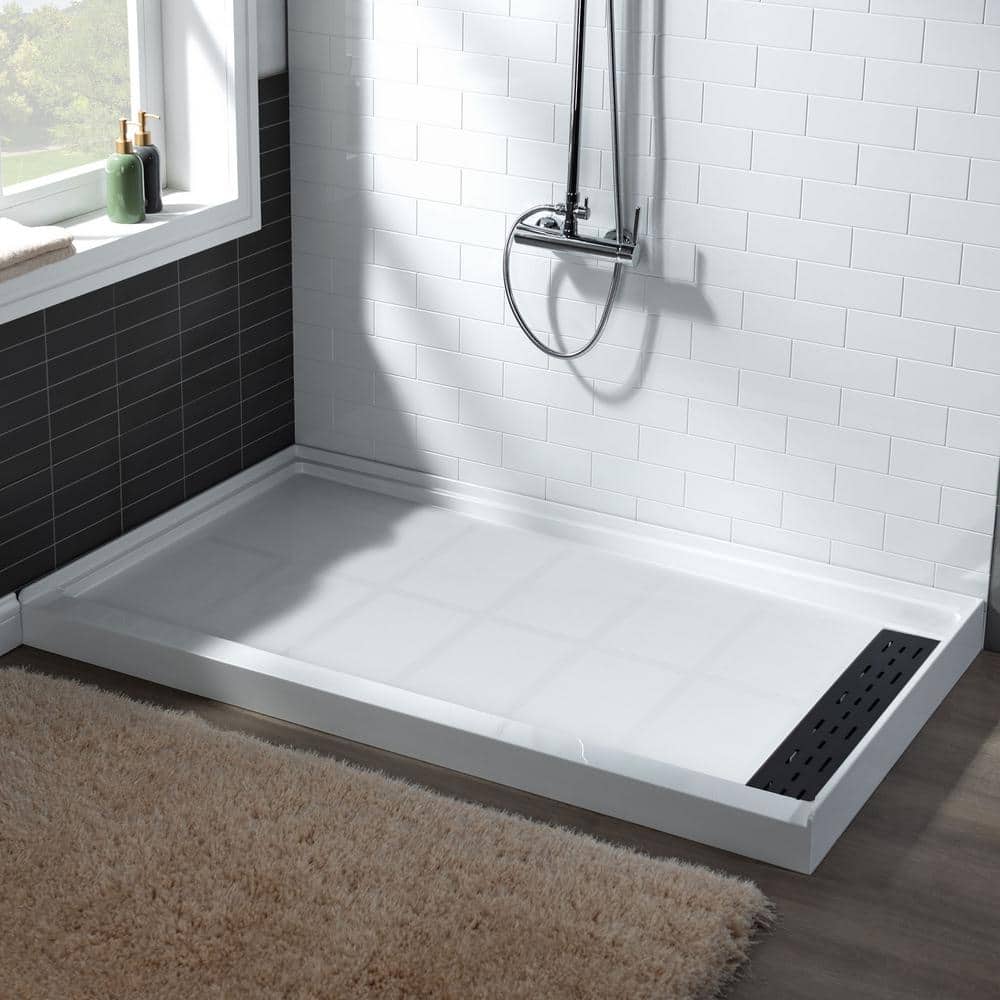 48" White Rectangular Shower Pan with Matte Black Drain Cover