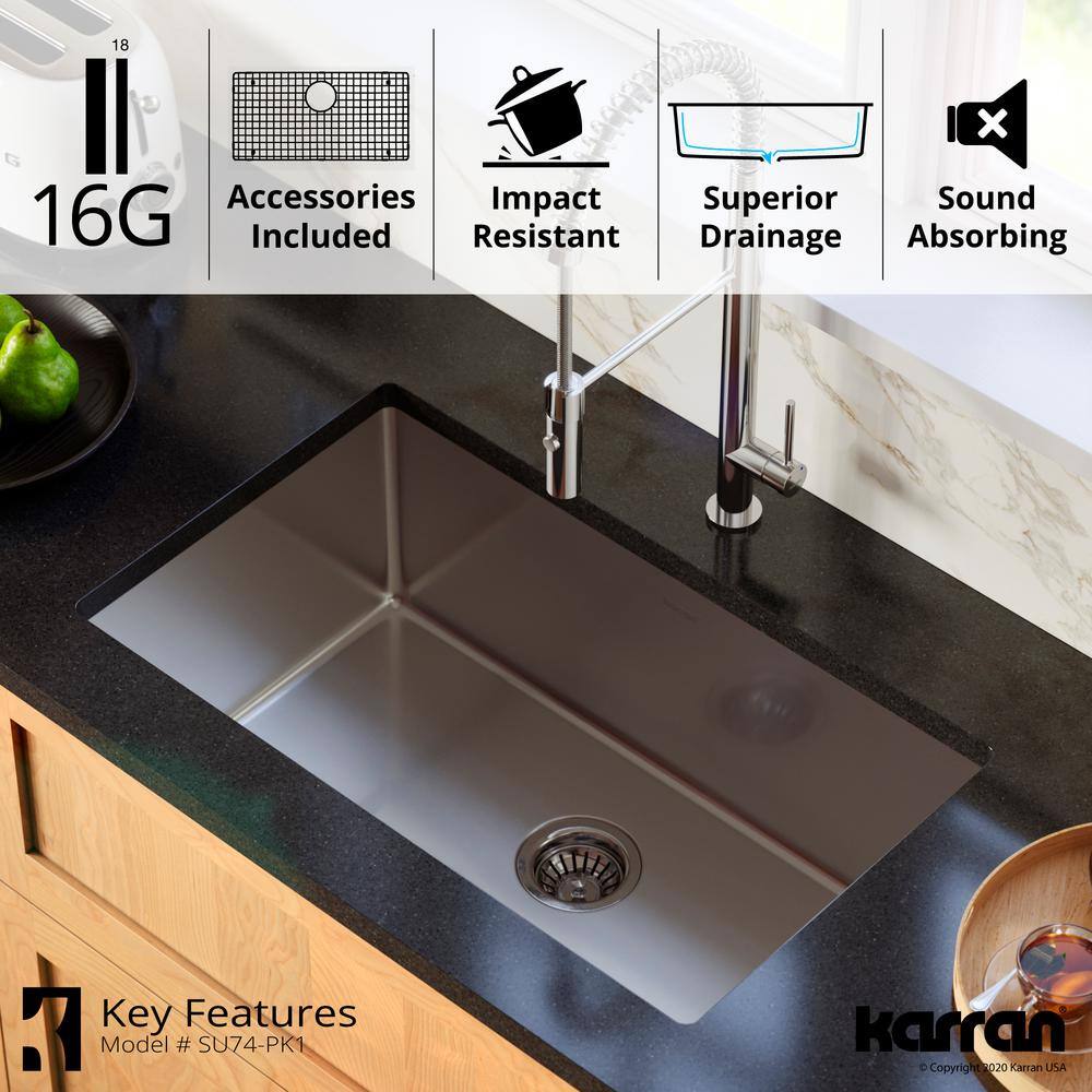 Karran 30'' Satin Brushed Stainless Steel Single Bowl Undermount Kitchen Sink