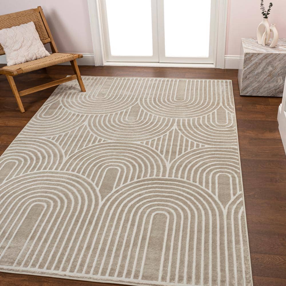 Beige and Cream Striped Arches Polyester 3x5 Area Rug