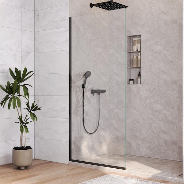 34 in. W x 74 in. H Frameless Fixed Single Panel Shower Door in Matte Black with 5/16 in. (8mm) Clear Glass