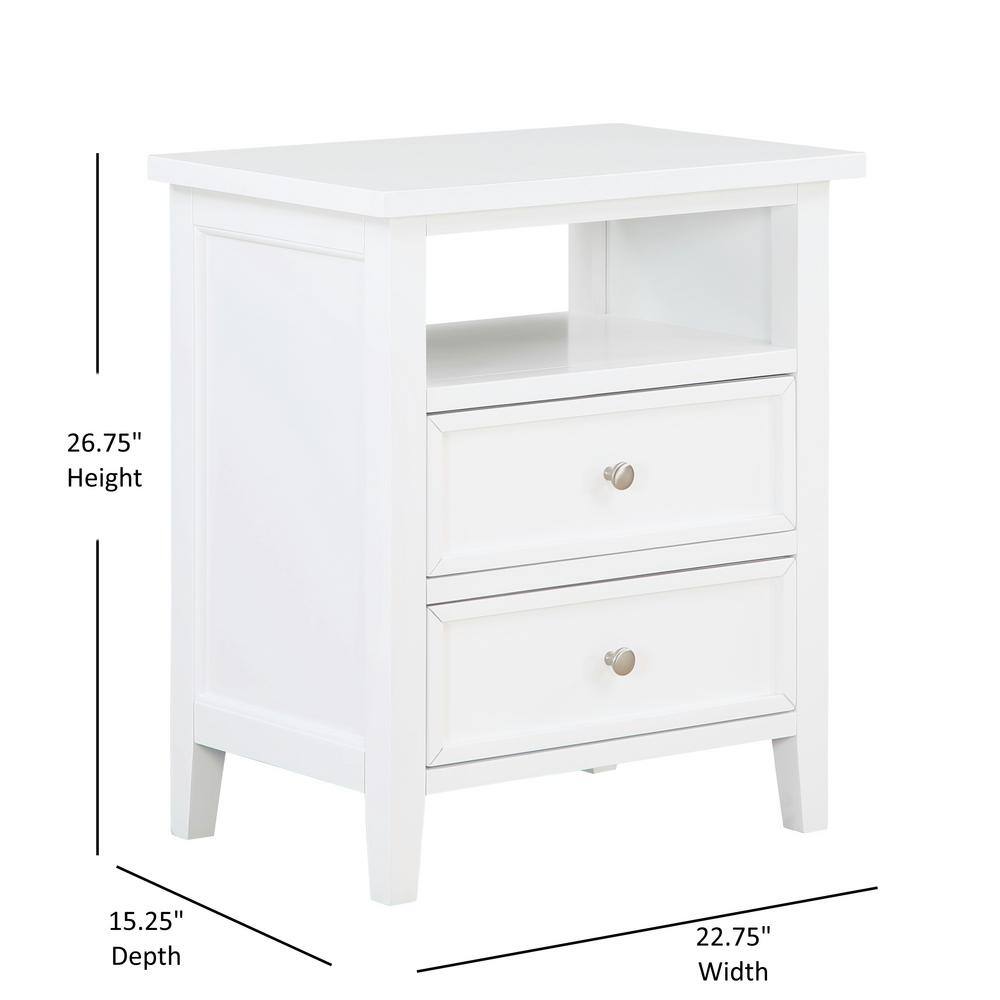 Walker White Poplar Wood 2-Drawer Nightstand with Nickel Knobs
