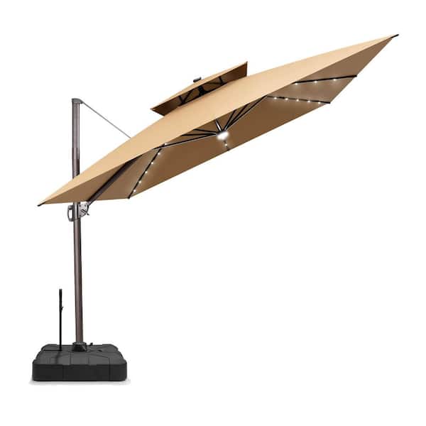 2-Tier 11.5 ft. Square Solar LED Lighted Offset Tilt 360° Rotation Cantilever Patio Umbrella in Tan with 350 lbs. Base