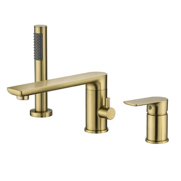 FLG Single-Handle Deck-Mount Roman Tub Faucet with Hand Shower 3 Holes Modern Brass Bath Tub Filler in Brushed Gold